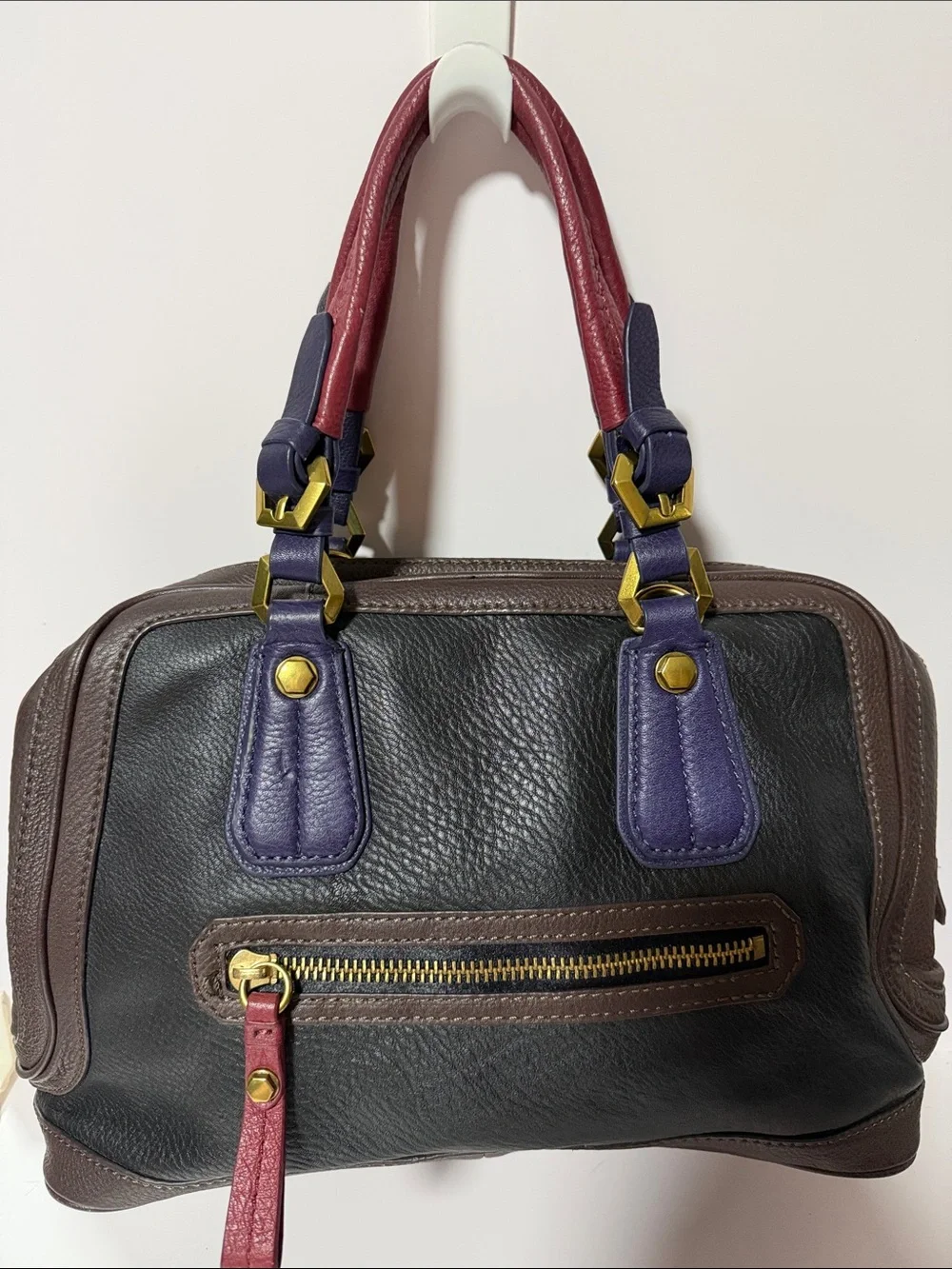 Genuine leather Designer inspire Black Satchel with Purple and Burgundy Accents